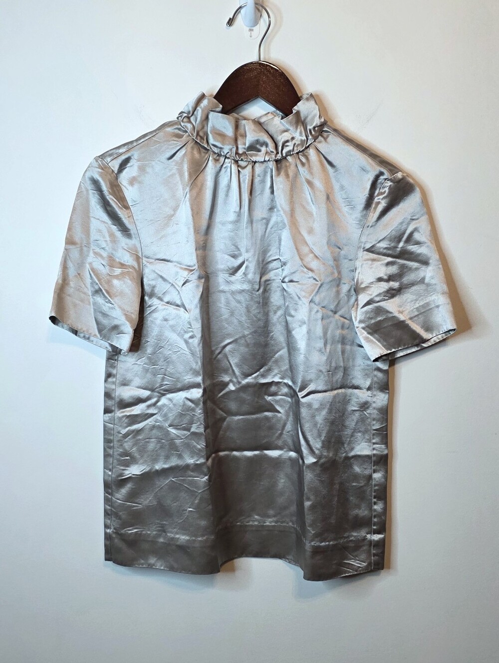 COS Ruffled Collar Satin Top Size 2 Light Taupe Quiet Luxury Old Money Festive